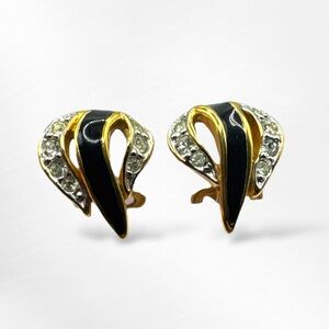 Nina Ricci Vintage Signed 1980's Rhinestone & Black Enamel Clip Earrings